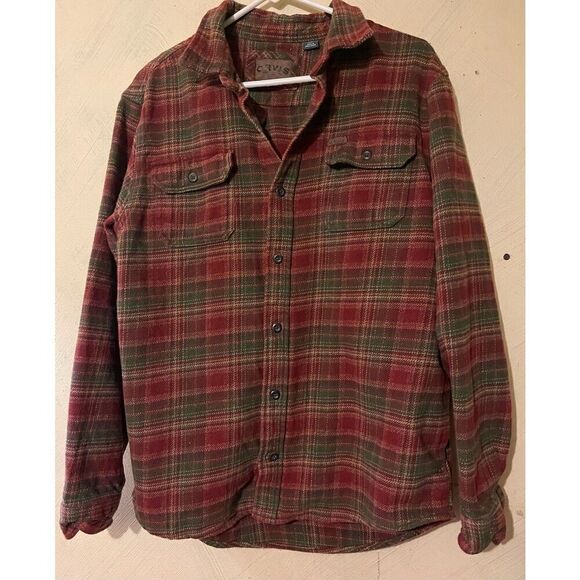 Orvis Men’s L Thick Flannel Button Down Plaid Burgundy & Green shirt - Picture 1 of 6